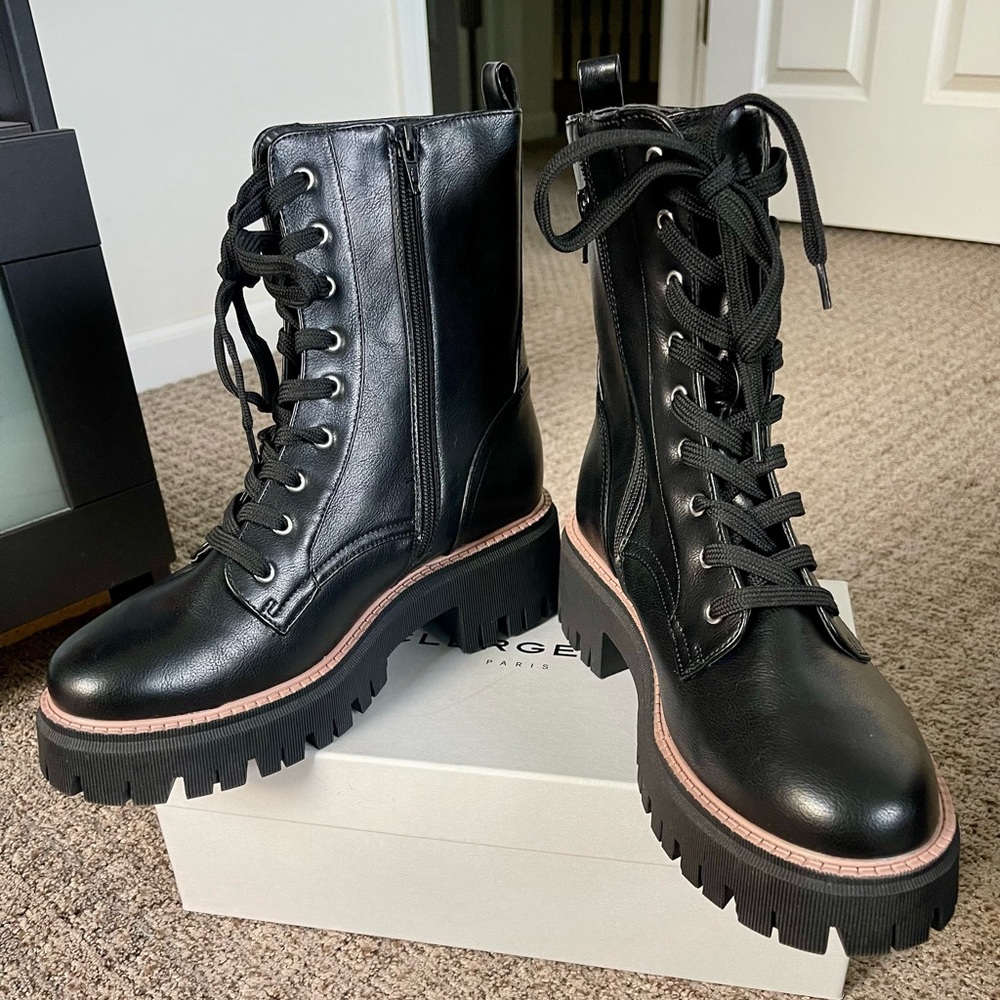 DV by Dolce Vita Black Lace-Up Combat Boots with Pink Trim